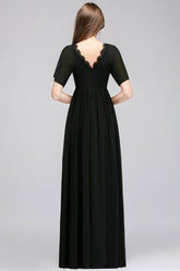 A-line V-neck Short Sleeves Long Black Chiffon Bridesmaid Dress